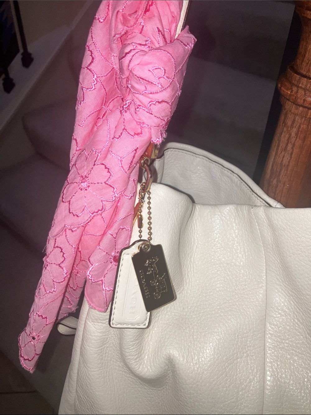 Coach White Leather Shoulder Bag with Pink Scarf Accent - Picture 13 of 16